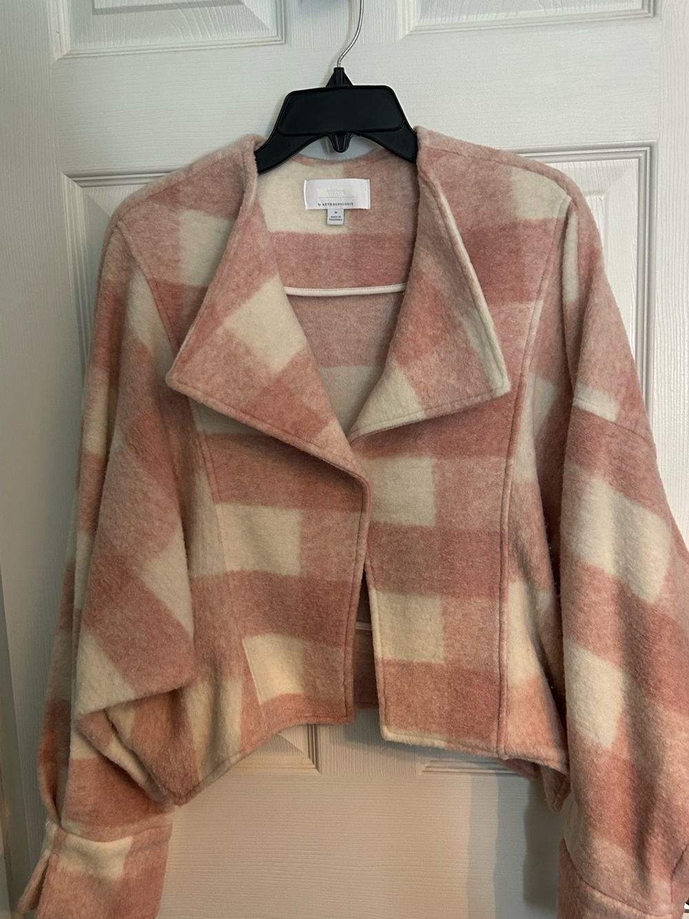 Anthropologie Pink & Cream Plaid Cropped Bomber Jacket